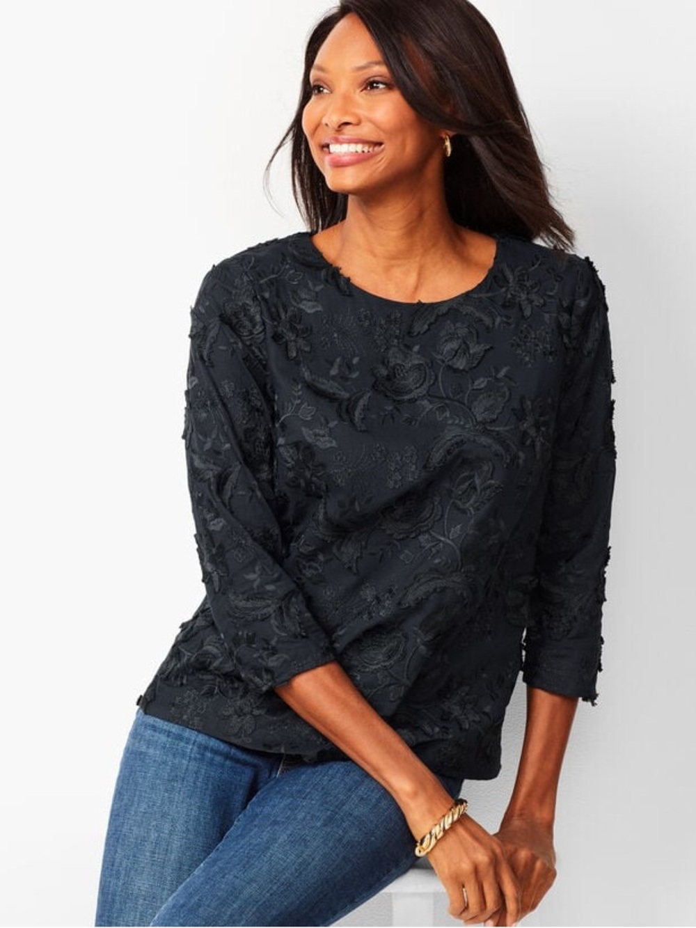 Talbots Black Floral Embroidered 3/4 Sleeve Top Blouse Size 10 100% Cotton